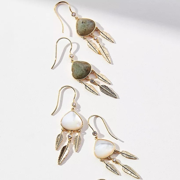 🆕 Anthropologie Leaf Chandelier Drop Earrings in Slate-Gold - Picture 7 of 12